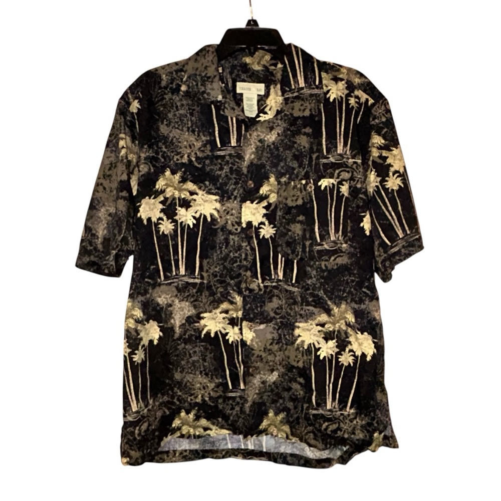 Trader Bay‎ Men’s Hawaiian Shirt Black Palm Tree Aloha Large Button Front Casual
